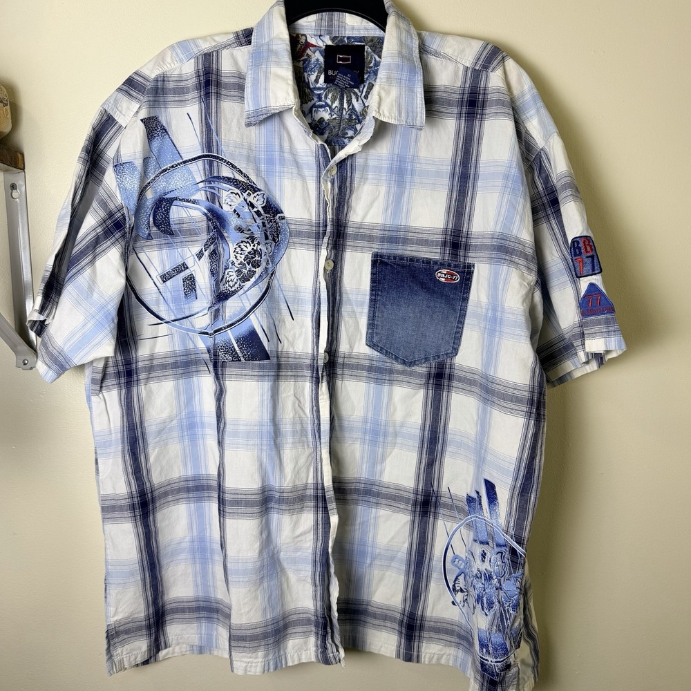 Bugle Boy Jean Company Shirt Mens XXL 2XL Blue Plaid Short Sleeve Vintage 80s 90